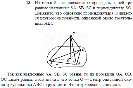 Из точки S вне плоскости α проведены к ней три равные наклонные SA, SB, SC и перпендикуляр SO. Докажите, что основание перпендикуляра O является