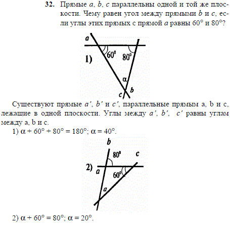 Прямые a, b, c параллельны одной и той же плоскости. Чему равен угол между прямыми b и c, если углы этих прямых с прямой а равны 60° и 80°?