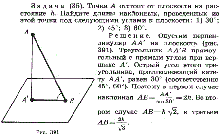 Точка A отстоит от плоскости на расстояние h. Найдите длины наклонных, проведенных из этой точки под следующими углами к плоскости: 1) 30°; 2