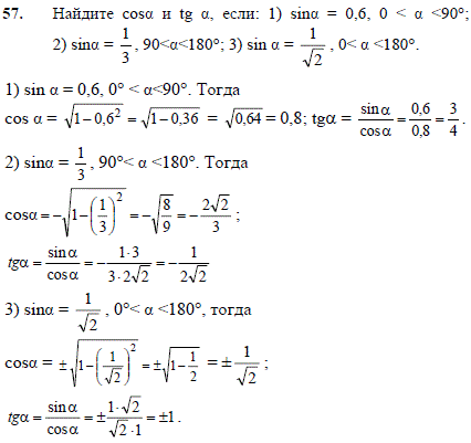 Найдите cos α) и tg(α), если: 1) sin(α)=0,6, 0 < α <90°; 2) sin(α)=1/3, 90< α <180°; 3) sin(α =1/√2, 0< α <180°.