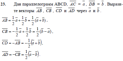 Дан параллелограмм ABCD, AC=a, DB=b. Выразите векторы AB, CB, CD и AD через а и b.