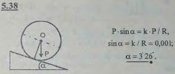 Определить угол α наклона плоскости к горизонту, при котором ролик радиуса r=50 мм равномерно катится по плоскости. Материал трущихся тел-сталь