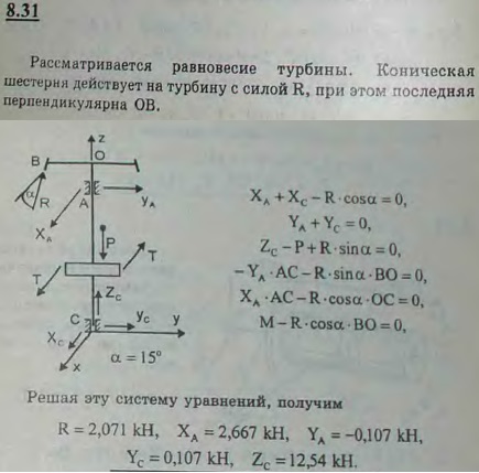 Пара сил, вращающая водяную турбину T и имеющая момент 1,2 кН*м, уравновешивается давлением на зубец B конического зубчатого колеса OB и реакциями