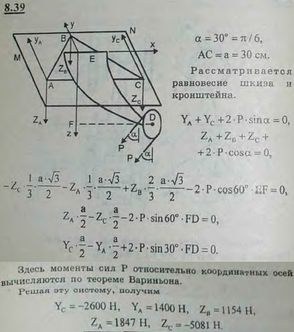 Подвеска подшипника ременного шкива D прикреплена к гладкому горизонтальному потолку MN в точках A и C и упирается в него точкой B. Эти точки