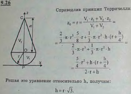 Найти предельную высоту h конуса, при которой тело, состоящее из конуса и полушара одинаковой плотности и радиуса r, теряет устойчивость в положении