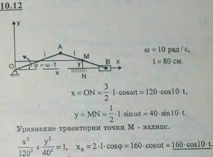 Кривошип OA вращается с постоянной угловой скоростью ω=10 рад/с. Длина OA=AB=80 см. Найти уравнения движения и траекторию средней точки M шатуна