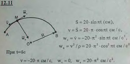Точка движется по дуге окружности радиуса R=20 см. Закон ее движения по траектории: s=20 sin πt t-в секундах, s-в сантиметрах . Найти величину
