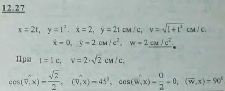 Движение точки задано уравнениями x=2t, y=t^2 t-в секундах, x и y-в сантиметрах . Определить величины и направления скорости и ускорения точки