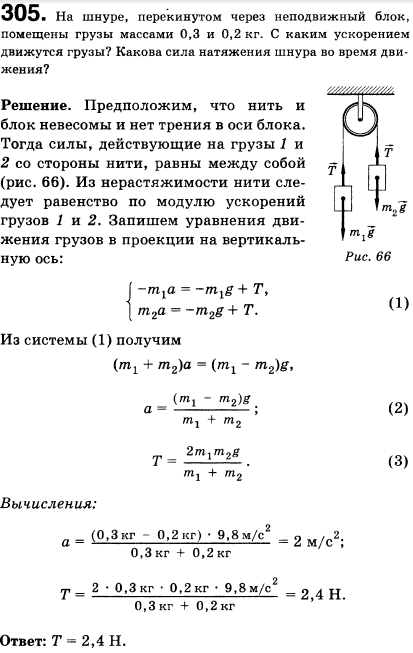 На шнуре, перекинутом через неподвижный блок, подвешены грузы массами 0,3 и 0,2 кг. С каким ускорением движутся грузы? Какова сила натяжения