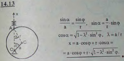 Найти закон движения стержня, если диаметр эксцентрика d=2r, а ось вращения O находится от оси диска C на расстоянии OC=a, ось Ox направлена