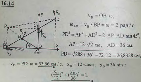 Стержень OB вращается вокруг оси O с постоянной угловой скоростью ω=2 с^-1 и приводит в движение стержень AD, точки A и C которого движутся по