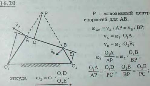 Угловая скорость стержня O1A шарнирного четырехзвенника равна ω1. Выразить угловую скорость ω2 стержня O2B через ω1 и кратчайшие расстояния O1D