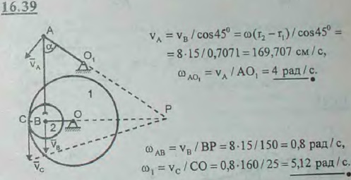 Планетарный механизм состоит из кривошипа O1A, приводящего в движение шатун AB, коромысла OB и колеса I радиуса r1=25 см; шатун AB оканчивается
