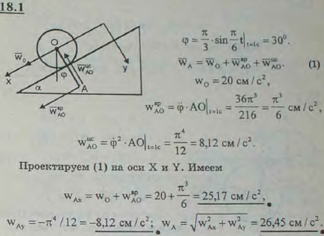 Колесо катится по наклонной плоскости, образующей угол 30° с горизонтом см. рисунок к задаче 16.2). Центр O колеса движется по закону xO=10t^2