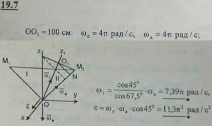 Конус II с углом при вершине α2=45° катится без скольжения по внутренней стороне неподвижного конуса I с углом при вершине α1=90°. Высота подвижного