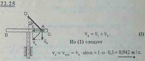 В кривошипно-кулисном механизме с поступательно движущейся кулисой BC кривошип OA расположенный позади кулисы длины l=0,2 м вращается с постоянной