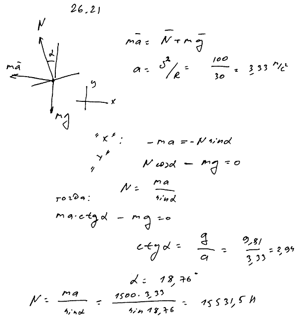 Определить отклонение α от вертикали и силу давления N вагона на рельс подвесной дороги при движении вагона по закруглению радиуса R=30 м со