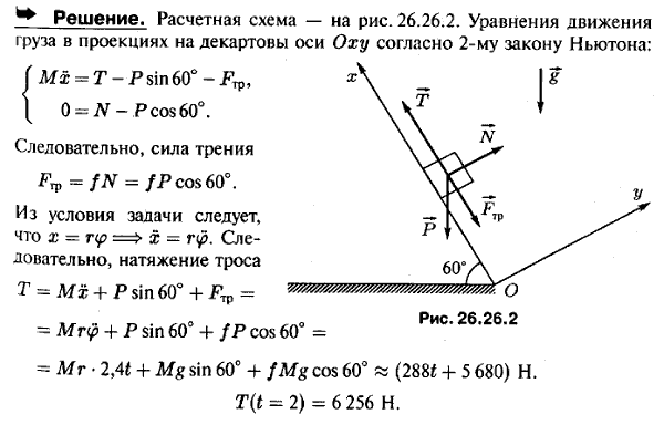 Груз массы M=600 кг посредством ворота поднимают по наклонному шурфу, составляющему угол 60° с горизонтом. Коэффициент трения груза о поверхность