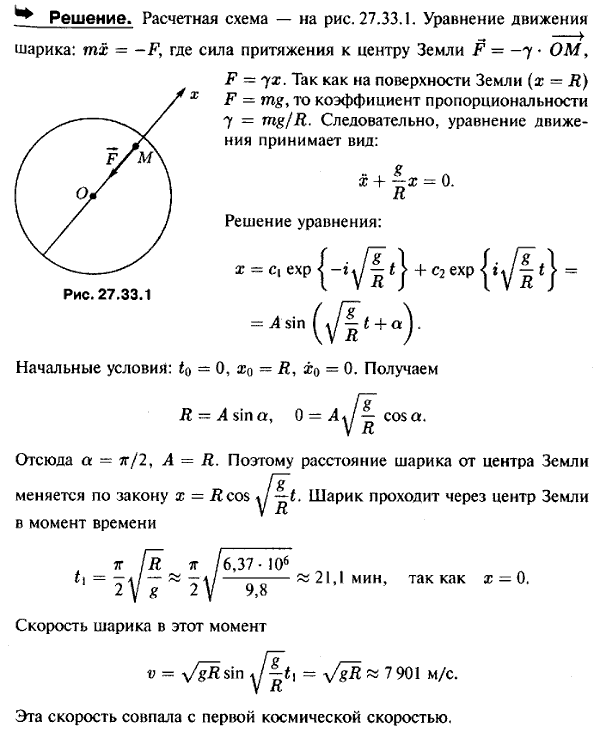 Определить движение тяжелого шарика вдоль воображаемого прямолинейного канала, проходящего через центр Земли, если принять, что сила притяжения