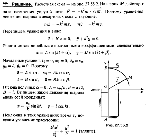 Упругая нить, закрепленная в точке A, проходит через неподвижное гладкое кольцо O; к свободному концу ее прикреплен шарик M, масса которого равна