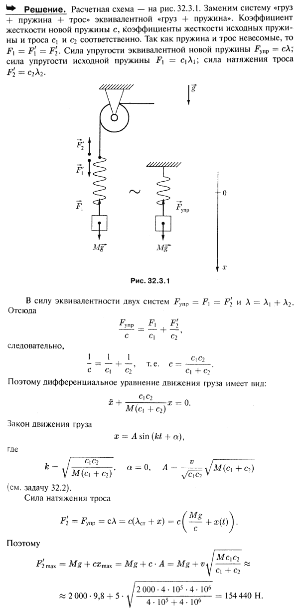 Определить наибольшее натяжение троса в предыдущей задаче, если между грузом и тросом введена упругая пружина с коэффициентом жесткости c1=4*10^5