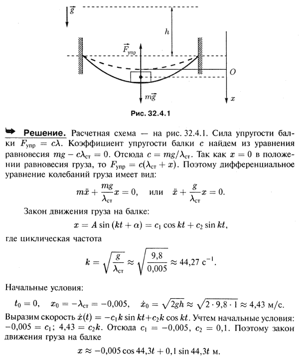 Груз Q, падая с высоты h=1 м без начальной скорости, ударяется об упругую горизонтальную балку в ее середине; концы балки закреплены. Написать