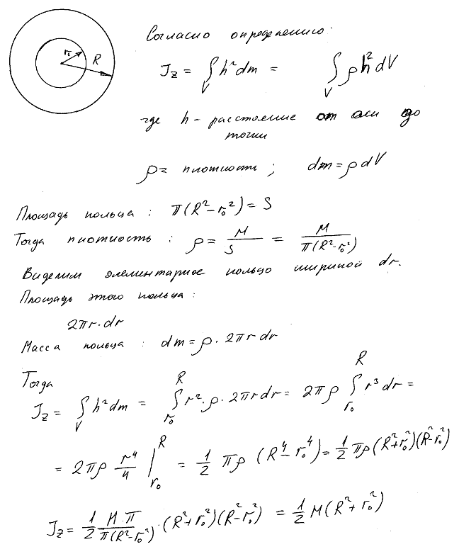 В тонком однородном круглом диске радиуса R высверлено концентрическое отверстие радиуса r. Вычислить момент инерции этого диска массы M относительно