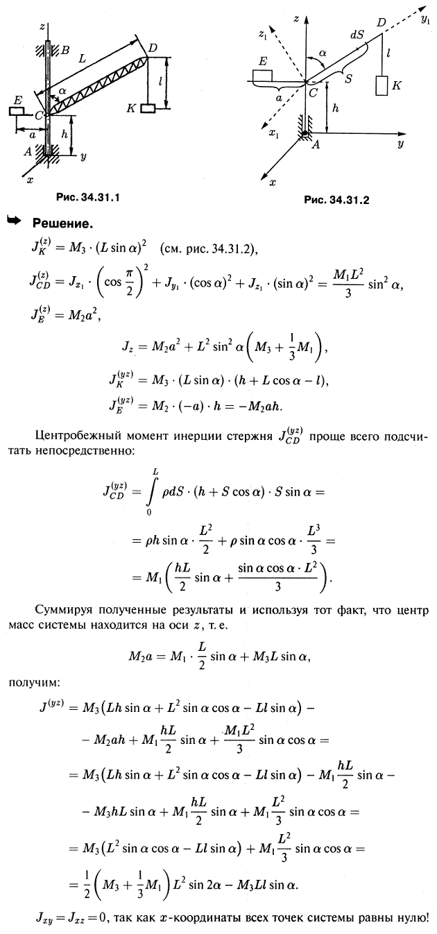 Вращающаяся часть подъемного крана состоит из стрелы CD длины L и массы M1, противовеса E массы M2 и груза K массы M3. Рассматривая стрелу как