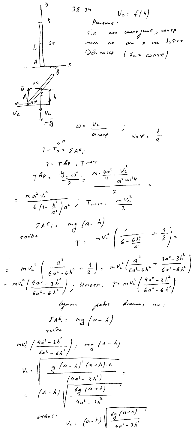 Стержень AB длины 2a падает, скользя концом A по гладкому горизонтальному полу. В начальный момент стержень занимал вертикальное положение и