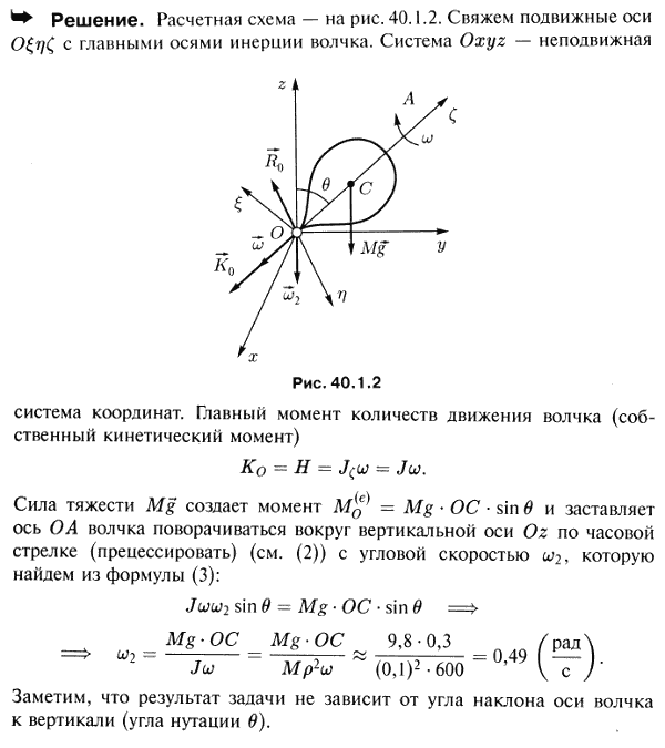 Волчок вращается по часовой стрелке вокруг своей оси OA с постоянной угловой скоростью ω=600 рад/с; ось OA наклонена к вертикали; нижний конец