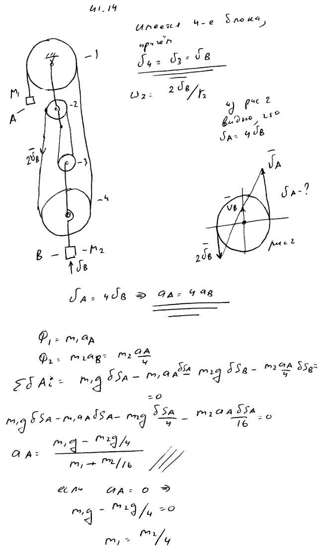 С каким ускорением w опускается груз массы M1, поднимая груз массы M2 с помощью полиспаста, изображенного на рисунке? Каково условие равномерного