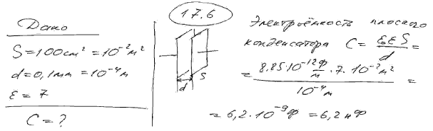 Определить электроемкость C плоского слюдяного конденсатора, площадь S пластин которого равна 100 см^2, а расстояние между ними равно 0,1 мм