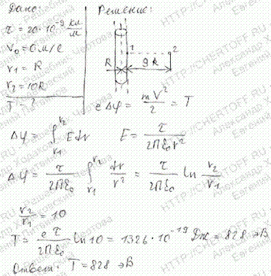 Из точки 1 на поверхности бесконечно длинного отрицательно заряженного цилиндра т=20 нКл/м) вылетает электрон (v0=0). Определить кинетическую