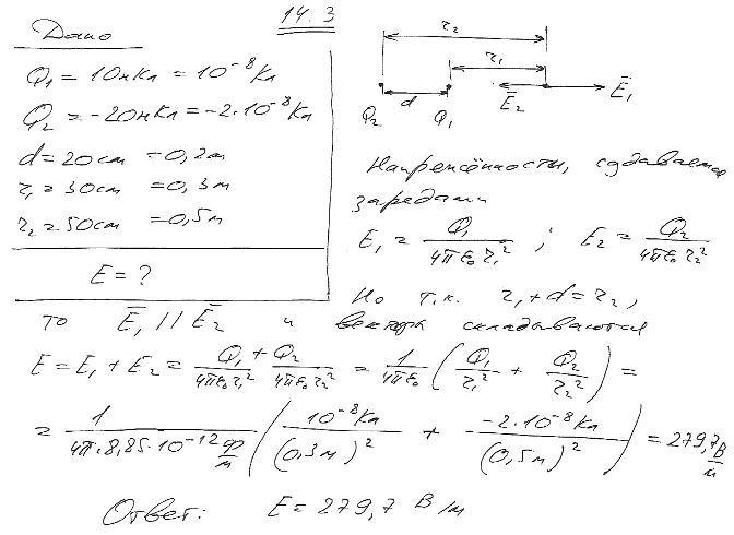Электрическое поле создано двумя точечными зарядами Q1=10 нКл и Q2=-20 нКл, находящимися на расстоянии d=20 см друг от друга. Определить напряженность