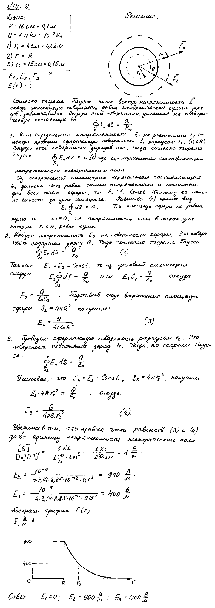 На металлической сфере радиусом R=10 см находится заряд Q=1 нКл. Определить напряженность E электрического поля в следующих точках: 1) на расстоянии