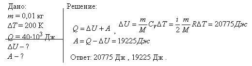 Водород массой m=10 г нагрели на ΔT=200 К, причем газу было передано количество теплоты Q=40 кДж. Найти изменение ΔU внутренней энергии газа