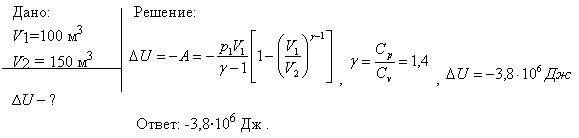 Водород при нормальных условиях имел объем V1=100 м^3. Найти изменение ΔU внутренней энергии газа при его адиабатном расширении до объема V2=150