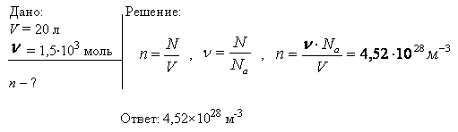 В сосуде вместимостью V=20 л находится газ количеством вещества ν=1,5 кмоль. Определить концентрацию n молекул в сосуде.