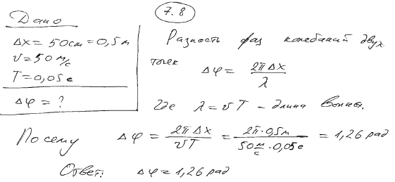 Две точки находятся на расстоянии Δx=50 см друг от друга на прямой, вдоль которой распространяется волна со скоростью v=50 м/с. Период T колебаний