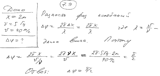 Определить разность фаз Δφ колебаний источника волн, находящегося в упругой среде, и точки этой среды, отстоящей на x=2 м от источника. Частота