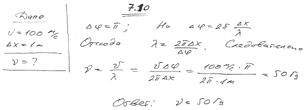 Волна распространяется в упругой среде со скоростью v=100 м/с. Наименьшее расстояние Δx между точками среды, фазы колебаний которых противоположны
