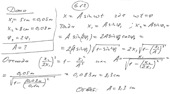 Точка совершает колебания по закону x=A sin ωt. В некоторый момент времени смещение x1 точки оказалось равным 5 см. Когда фаза колебаний увеличилась