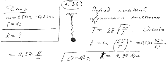 Грузик массой m=250 г, подвешенный к пружине, колеблется по вертикали с периодом T=1 c. Определить жесткость k пружины.