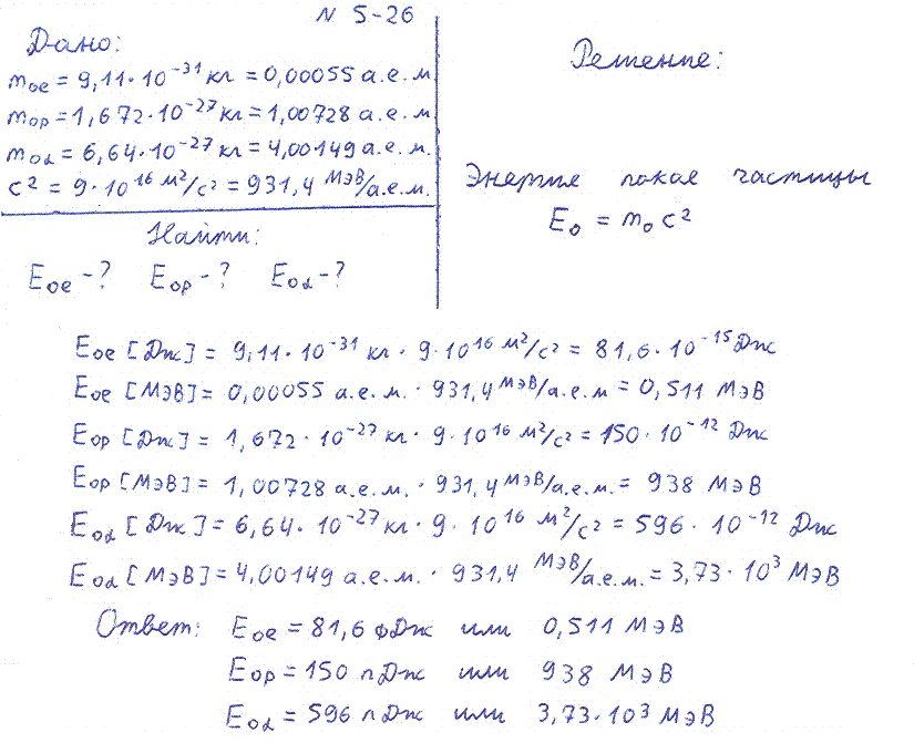 Вычислить энергию покоя: 1) электрона; 2) протона; 3) α-частицы. Ответ выразить в джоулях и мегаэлектрон-вольтах.