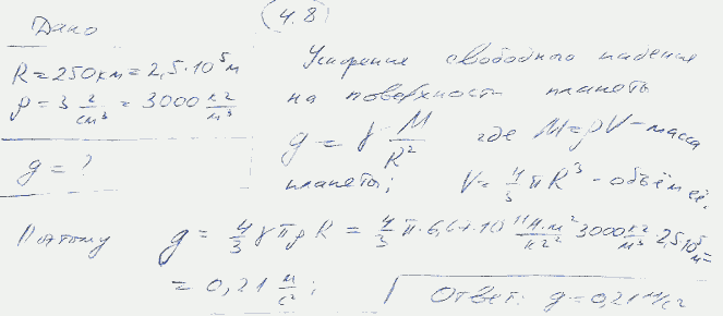 Радиус R малой планеты равен 250 км, средняя плотность ρ=3 г/см^3. Определить ускорение свободного падения g на поверхности планеты.