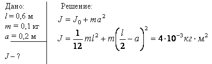 Определить момент инерции J тонкого однородного стержня длиной l=60 см и массой m=100 г относительно оси, перпендикулярной ему и проходящей через