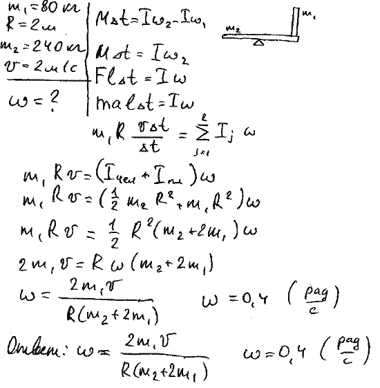 На краю горизонтальной платформы, имеющей форму диска радиусом R=2 м, стоит человек массой m1=80 кг. Масса m2 платформы равна 240 кг. Платформа