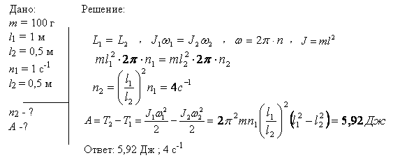 Шарик массой m=100 г, привязанный к концу нити длиной l1=1 м, вращается, опираясь на горизонтальную плоскость, с частотой n1=1 с^-1. Нить укорачивается