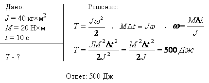 Маховик, момент инерции J которого равен 40 кг*м^2, начал вращаться равноускоренно из состояния покоя под действием момента силы M=20 Н*м. Вращение