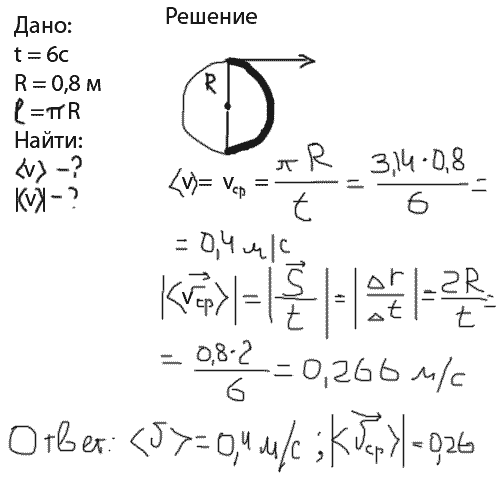 За время t=6 с точка прошла путь, равный половине длины окружности радиусом R=0,8 м. Определить среднюю путевую скорость <v> за это время